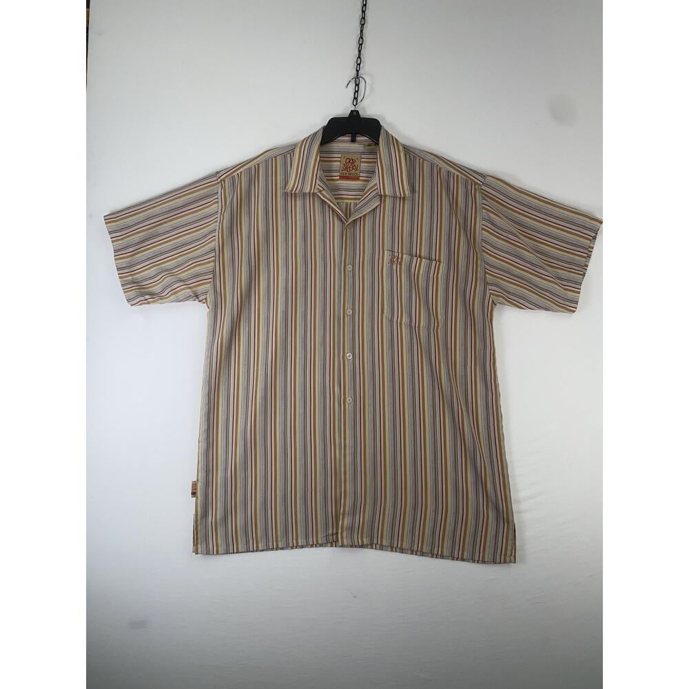 Old Skool Shirt Mens 2XL Beige Stripe Short Sleeve Button Up Polyester Casual